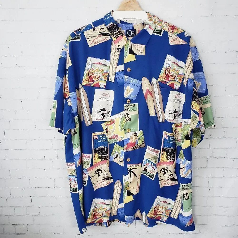 Quiksilver Loop Collar VTG Hawaiian Shirt XL Postcard Novelty Print Made In USA